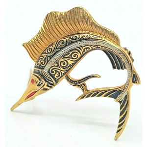 Vintage Spanish Pin Brooch Damascene Swordfish Gold Tone Black Enamel